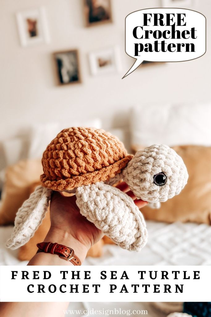 an image of a crochet sea turtle above a bed. The image reads "free crochet pattern, fred the sea turtle"