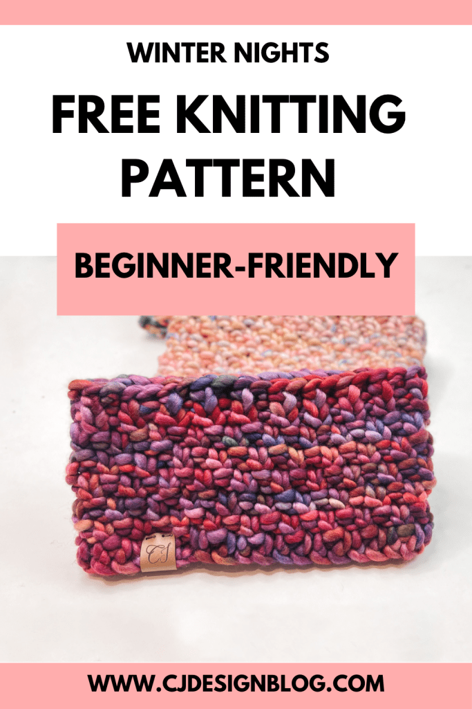 A pinterest image with the photo of a knitted headband in purple. The image reads "free knitting pattern, beginner-friendly"