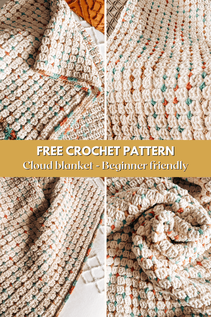 Crochet blanket Pinterest Image a pinterest image with 4 small images of a chunky crochet blanket with coloured dots that reads "free crochet pattern, cloud blanket, beginner-friendly"