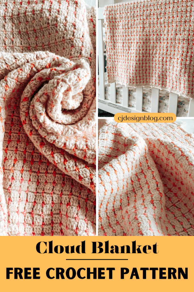 Chunky crochet blanket A pinterest image with a collage with 3 images of a crochet blanket, one twisted in the middle, one hanging from a crib and one laying on a bed. The image reads "Cloud Blanket, free crochet pattern"
