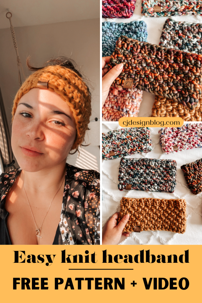 A interest collage with 3 photos. Two of them with knit headbands on a white bed and the third is a girl wearing a mustard knit headband. The image reads "easy knit headband, free crochet pattern"