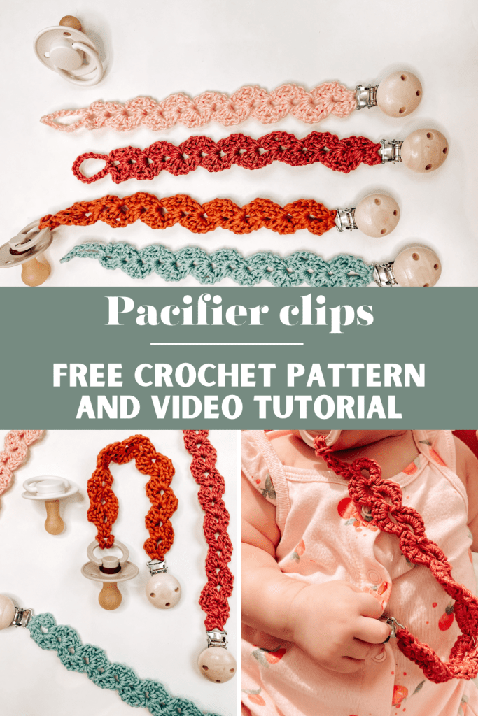 Chunky crochet blanket A pinterest image with a collage of 3 photos next to each other. The images are crochet pacifier clips in multiple colour. The image reads "Pacifier clips, free crochet pattern and video tutorial"