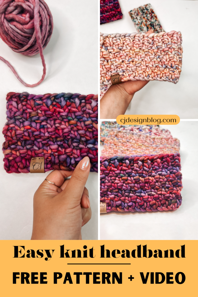 Crochet blanket Pinterest Image A pinterest collage with 3 images showing a knitted headband. One purple and one pink. The image reads "Easy knit headband, free pattern and video"